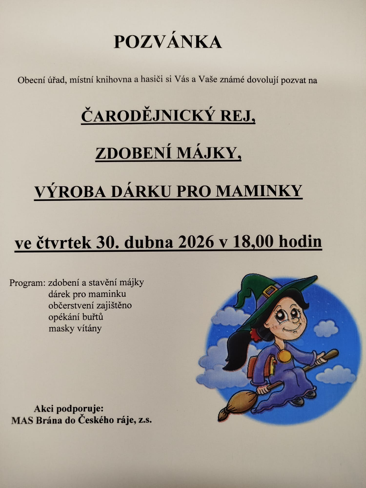 Pozvánka na Čarodějnický rej 30.4.2026 od 18:00