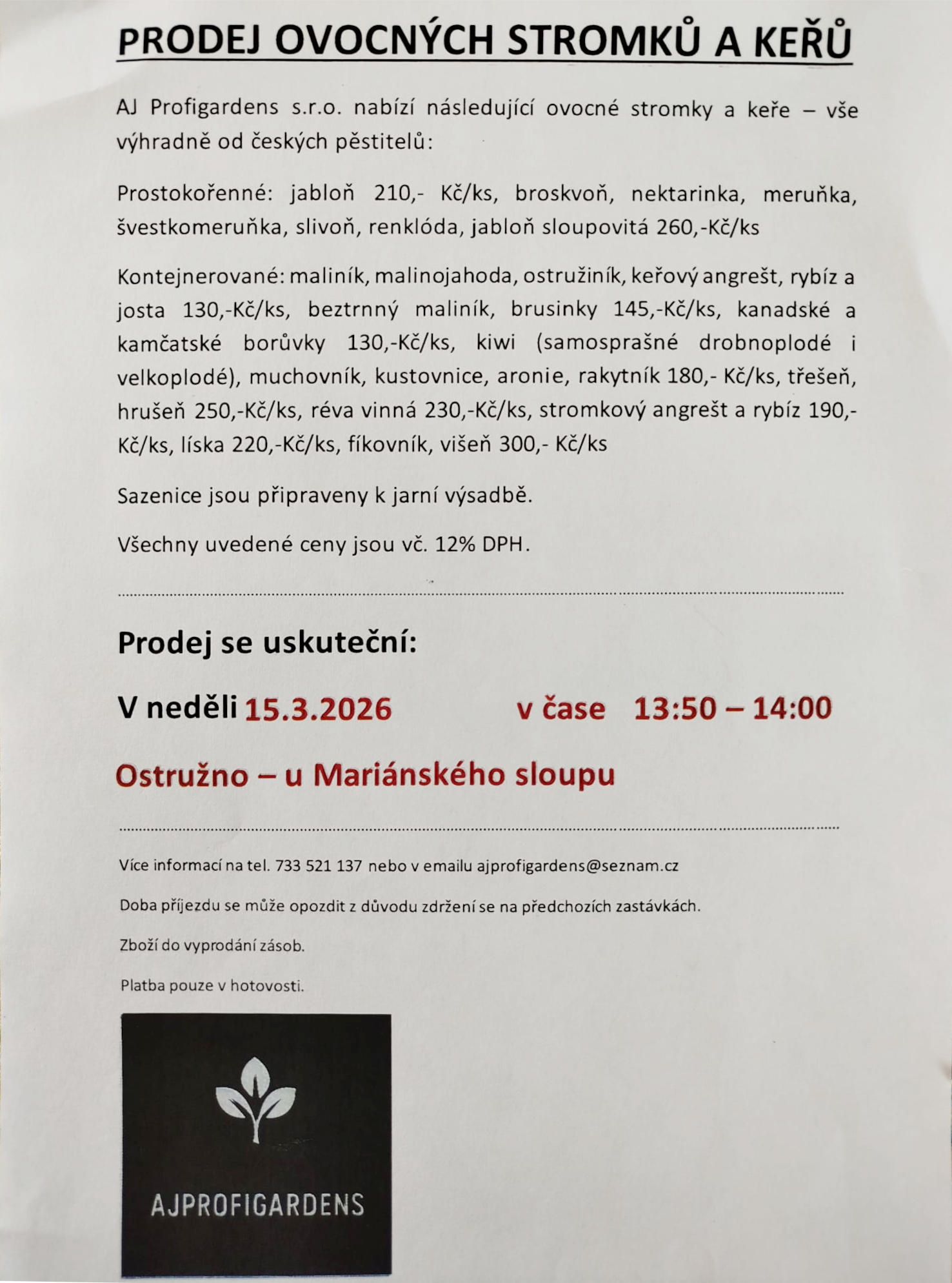 Pozvánka na prodej ovocných stromků a keřů v Ostružně u Mariánského sloupu.