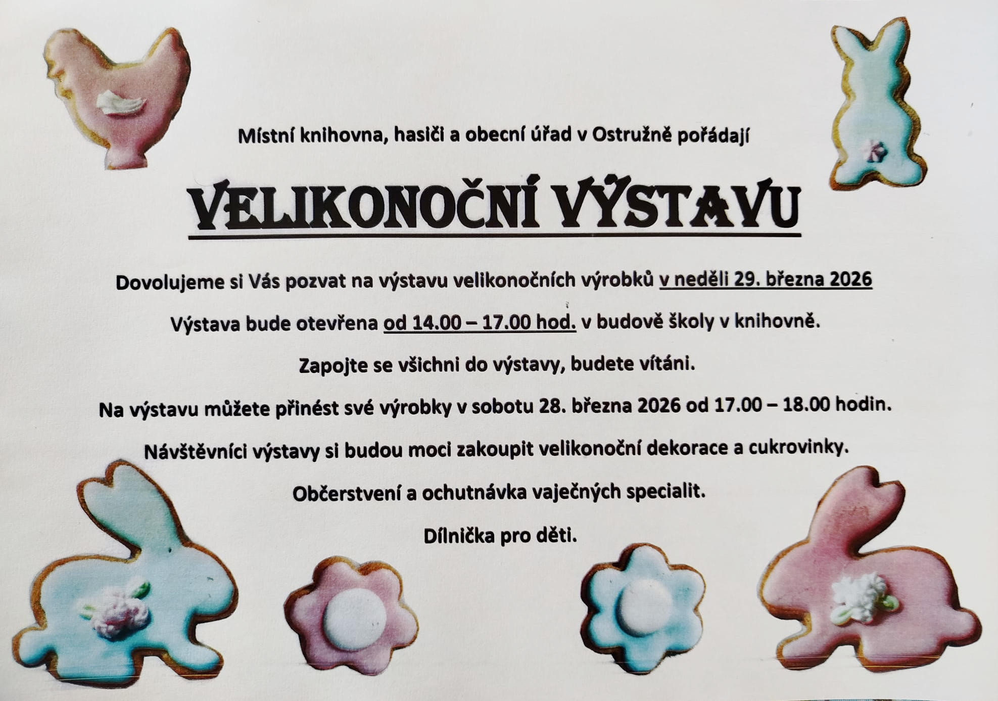 Pozvánka na velikonoční výstavu v budově mistní knihovny a MŠ